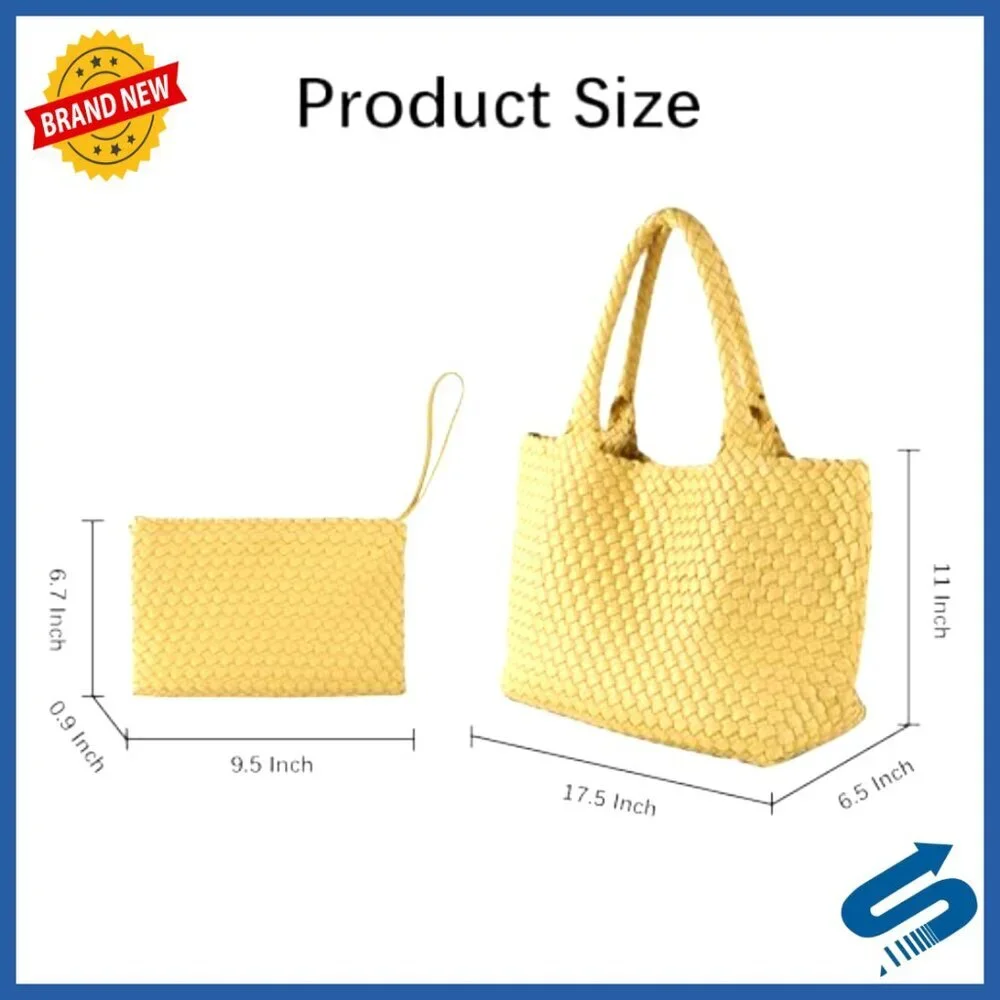 Vegan Leather Handwoven Tote Bag with Small Purse Large Braided Top Handle